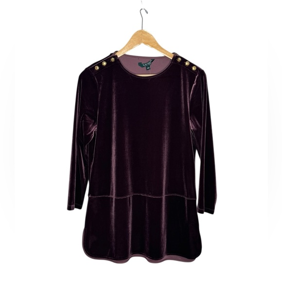 Lauren Ralph Lauren Tops - Lauren Ralph Lauren Burgundy Gold Button Stretch Velvet Tunic Top NWT Large